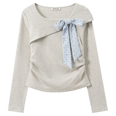 波点蝴蝶结磨毛加绒内搭长袖女