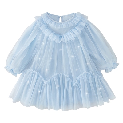 女童春季连衣裙宝宝蝴蝶网纱裙甜美大童春装蓝色长袖春秋儿童裙子