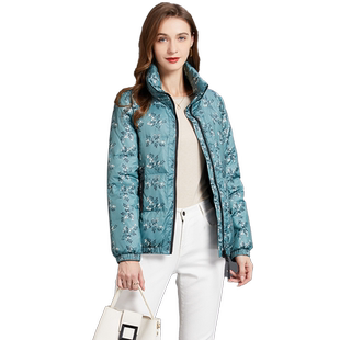 2025年冬季新款时尚印花羽绒服女短款加厚保暖外套大码潮牌青绿色