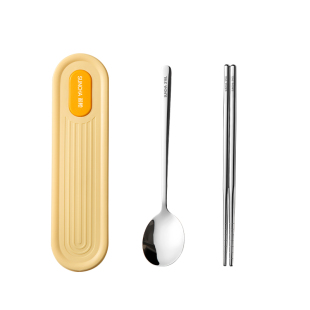 双枪学生便携餐具304不锈钢儿童筷勺套装316L筷子勺子个人专用盒