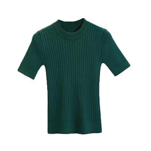 春夏季针织短袖女薄款半高领打底修身五分袖半袖百搭紧身t恤上衣