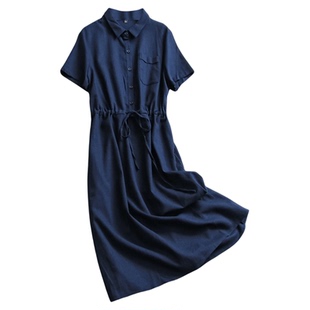 简约纯色抽绳收腰显瘦翻领棉麻混纺衬衫裙通勤百搭短袖连衣裙X119