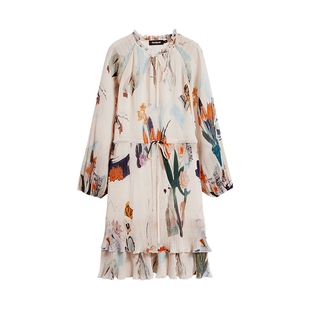 Desigual26春夏新品宽松插画印花压皱插肩长袖连衣裙
