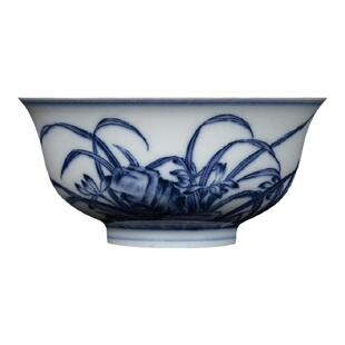 钟家窑青花瓷功夫茶具 品茗杯主人杯单杯柴窑茶杯芝兰秀石压手杯