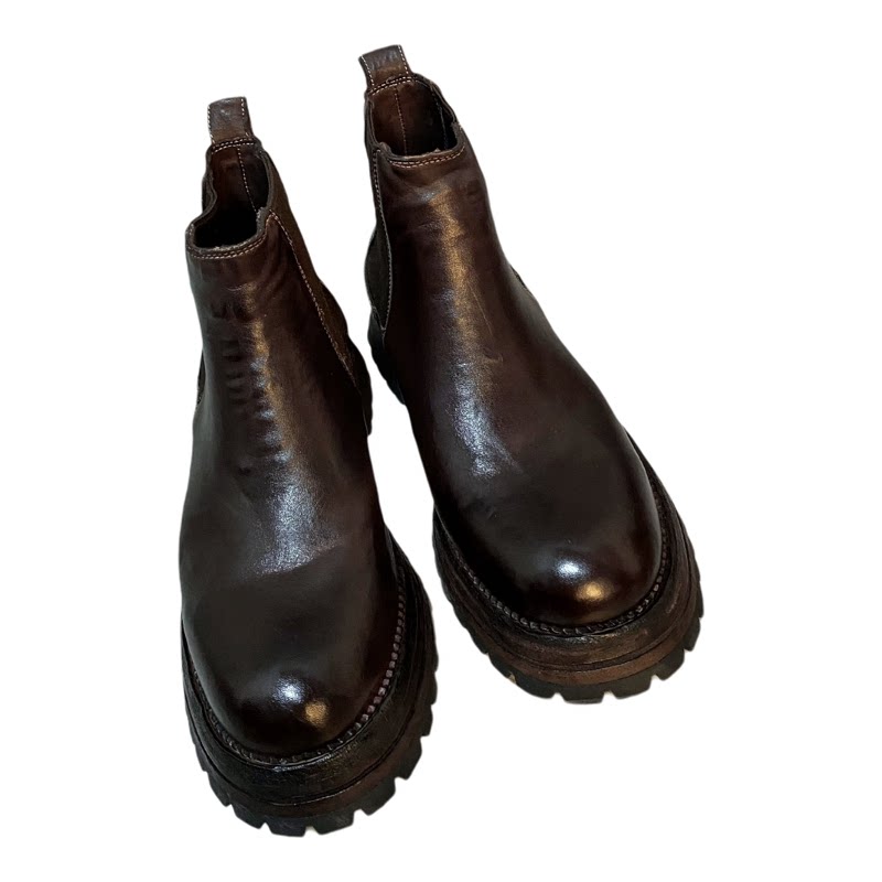 手工固特异水洗马皮厚底切尔西男女同款大圆头真皮马丁靴复古男靴