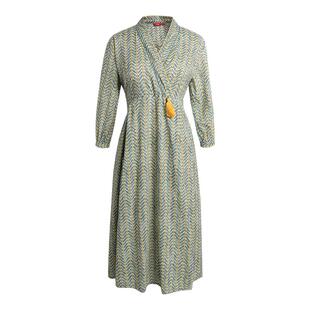 印度进口民族风日常服减龄薄款V领纯棉印花连衣裙草绿色