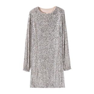 高端气质宴会装珠片晚礼服裙亮片连衣裙女长袖圆领中长款晚会大码