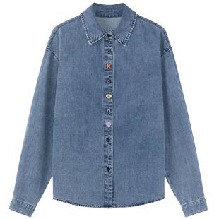 LAGOGO纯棉绣花牛仔衬衫女拉谷谷2025冬季新款休闲叠穿内搭厚上衣