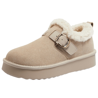 骆驼女鞋2025冬季新款棉拖鞋厚底加绒保暖雪地靴低帮外穿勃肯鞋女
