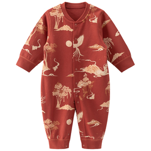 木生棉宝宝纯棉连体衣哈衣春秋四季婴儿红色喜庆百天满月居家爬服