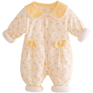 婴儿衣服春秋冬季夹棉连体衣哈衣爬服薄棉衣外穿女宝宝外出服冬装