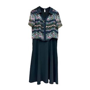 中年妈妈夏季假两件连衣裙女士收腰显瘦遮肚减龄拼接印花短袖裙子