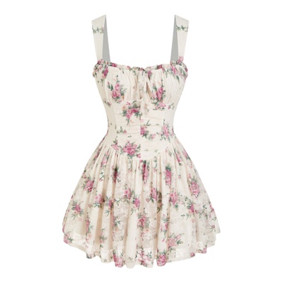 【明星同款】CIDER碎花蕾丝方领褶边蝴蝶结娃娃裙115138658