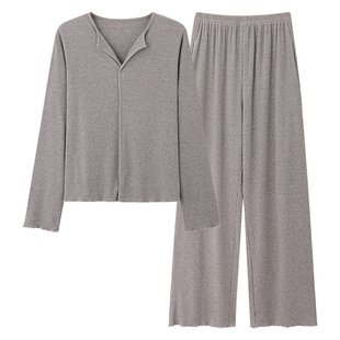 古今睡衣女款春秋季长袖莫代尔彩棉螺纹宽松可外穿休闲家居服套装