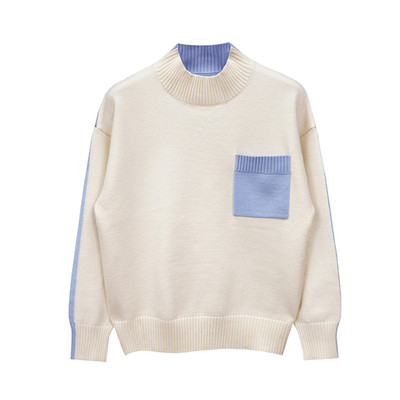 套头针织衫半高领拼色毛衣高级感