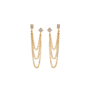 luv aj三层流苏链条镶钻耳钉链式耳环欧美设计感镀金双耳洞耳饰