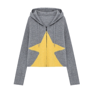 Basic House/百家好撞色星星开衫毛衣女秋洋气短款拉链连帽外套