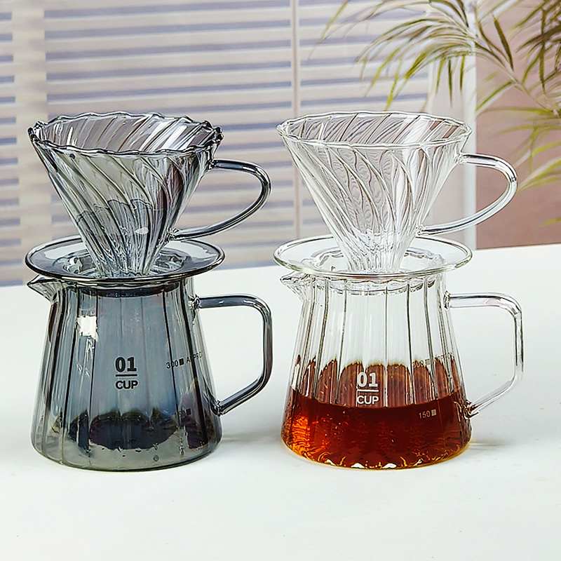 新款手冲咖啡壶套装耐热玻璃竖纹分享壶带刻度一体螺旋咖啡过滤杯