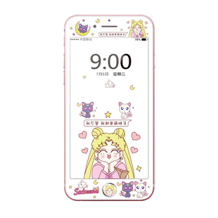 美少女按键贴适用苹果7plus卡通钢化膜iphone8全屏彩膜SE2软边膜6