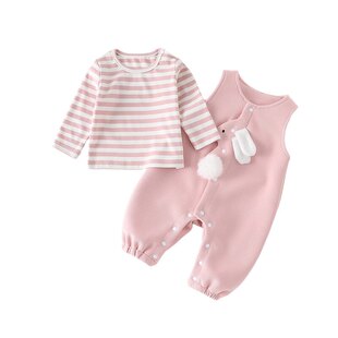 婴儿衣服女宝宝秋装连体背带裤公主超萌条纹T恤两件套装网红洋气6