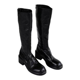 InkingPot彭姐 高端水洗马皮中筒骑士靴女圆头后拉链粗跟高筒长靴