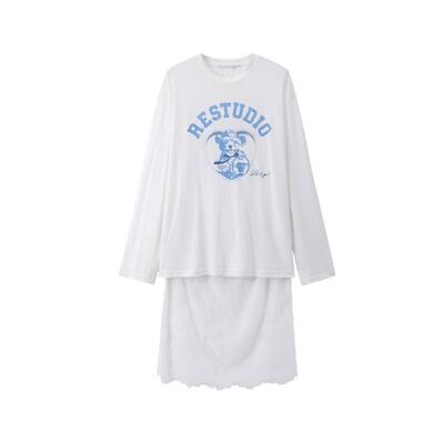 REVAN芮范宠物印花白色蕾丝下摆长袖T恤RL70802037