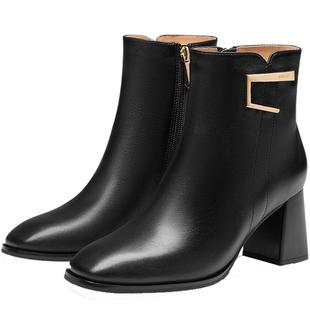 KISSCAT接吻猫新款真皮短靴方头粗跟时装靴高跟靴黑色靴子女