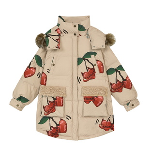 妖精的口袋大毛领原创印花中长款羽绒服女2025年新款设计感厚外套