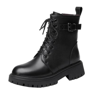 真皮系带马丁靴女冬天纯羊毛机车