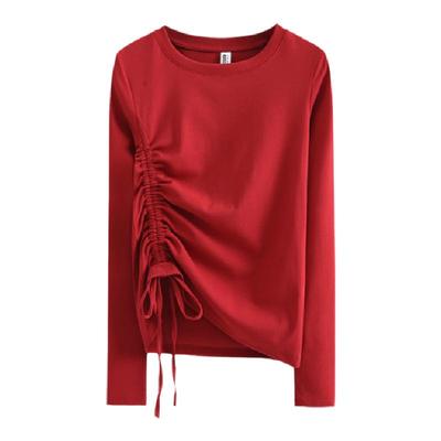 早春新款圆领过年红色纯白修身长袖抽绳褶皱百搭韩版上衣女装体恤