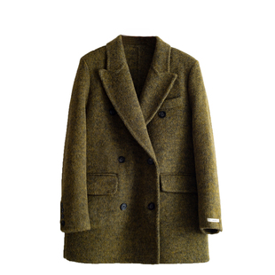 商场同款手缝西装外套女 秋冬新款厚西服 绿色小个子毛呢大衣气质