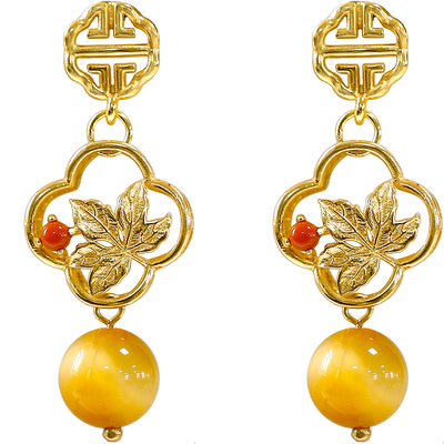 软语原创华美虎睛石古法金南耳坠