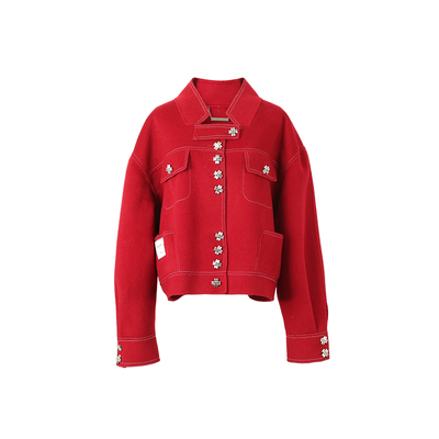 明星同款Magyann2025秋冬设计师安哥拉红小立领口袋短大衣外套女