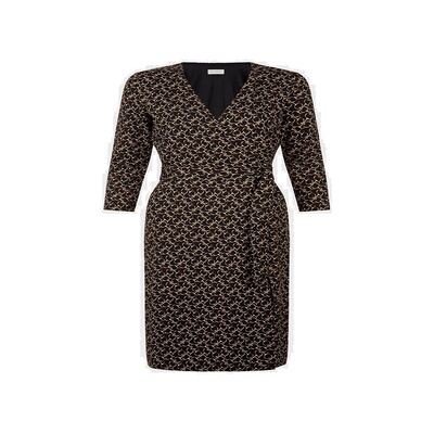 HOBBS秋春款复古简洁V领长袖束腰搭扣印花气质针织裹身女装连衣裙