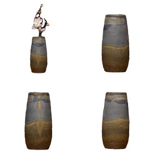 国画草花天然奇石花瓶笔筒四方柱实木底座摆件办公室玄关镇宅石头