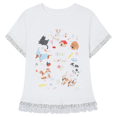 PSO Brand女装可爱猫狗圆领凉感透气短袖女t恤蕾丝花边修身短上衣