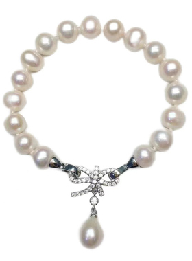 【绾珀】天然淡水珍珠近圆微瑕镶钻蝴蝶结手链女礼物送女友