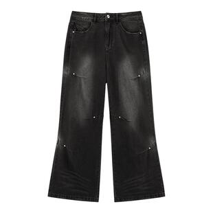 太平鸟高腰阔腿喇叭裤2025年春夏新款中黑水洗牛仔裤A3HAF1128