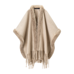 拉夏贝尔/La Chapelle温柔风毛茸茸斗篷披肩女高级感外搭毛领披风