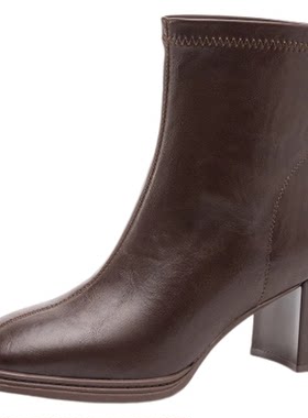 奥康女靴6.5cm粗跟方头时装靴