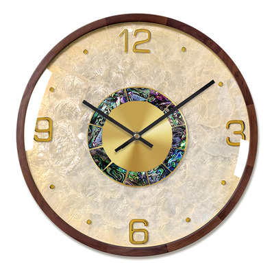 天然贝壳轻奢大气胡桃木边框挂钟