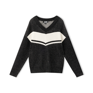 【含羊毛】DKNY唐可娜儿春季V领针织衫女上衣通勤风时尚黑白条纹