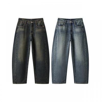 森马做旧复古弯刀裤弧形牛仔裤男