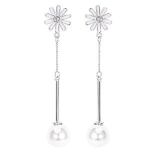 S925银耳环雏菊仙女长款珍珠耳坠纯银耳钉贝珠银饰品森系小众气质