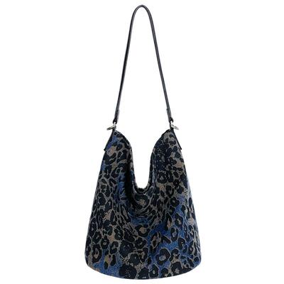 牛仔布豹纹水桶包单肩斜挎大容量