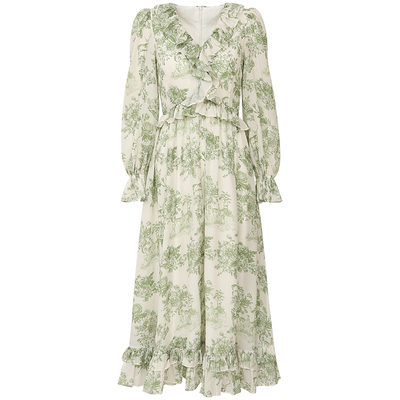 从那以后法式绿色碎花连衣裙女