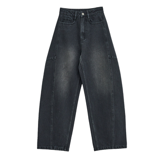 奕兮复古高腰弯刀裤女宽松显瘦黑色阔腿牛仔裤小个子显高休闲裤春