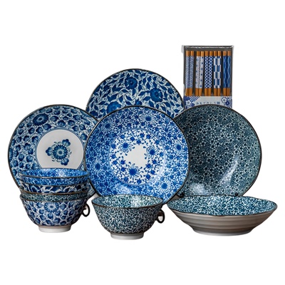 美浓烧古染碗碟筷15件