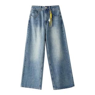 #三福牛仔裤2025秋季吊坠装饰毛边裤脚阔腿裤长裤女装506743