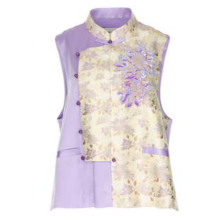 名家钱小萍宋锦马甲带钢印花木深立领桑蚕丝背心女款珠绣拼接马夹